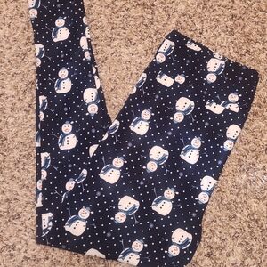 LuLaRoe Women's Snowman Print Leggings - Blue and White. Size TC.